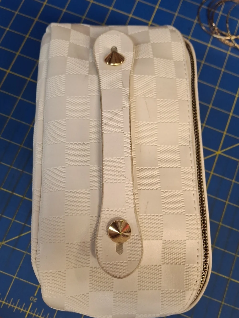 White Quilted Cosmetic Train Case Gold Hardware 9x5x5